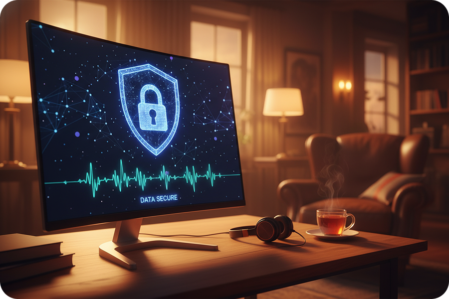 Secure computer screen displaying a digital lock icon representing the data privacy and security features of a professional BPM detector service.