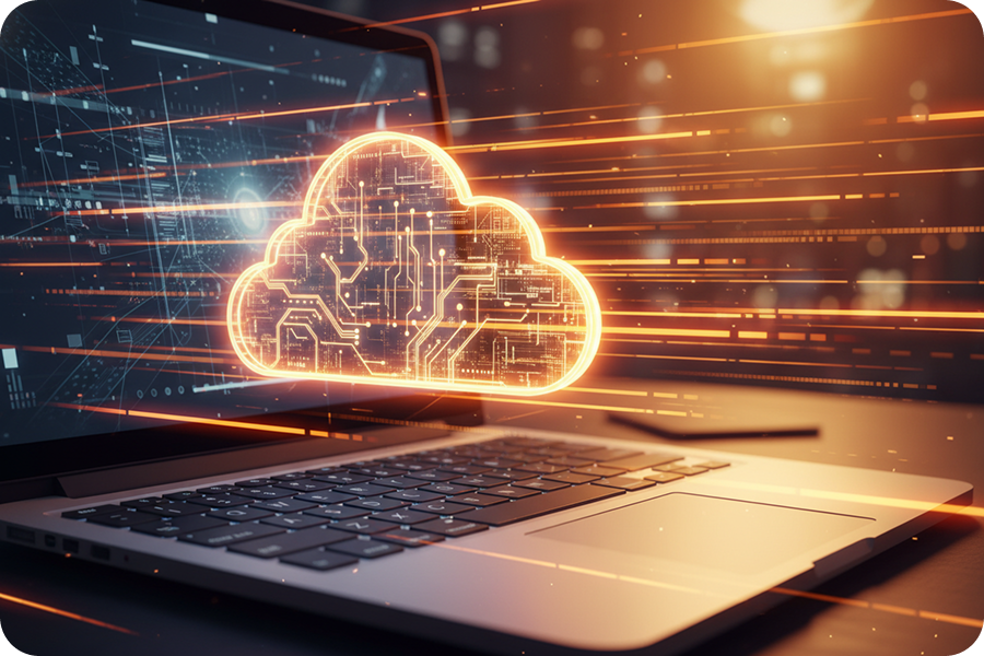 Đồ họa đám mây kỹ thuật số lơ lửng trên máy tính xách tay tượng trưng cho công nghệ xử lý đám mây nhanh chóng của trình tạo stem AI.