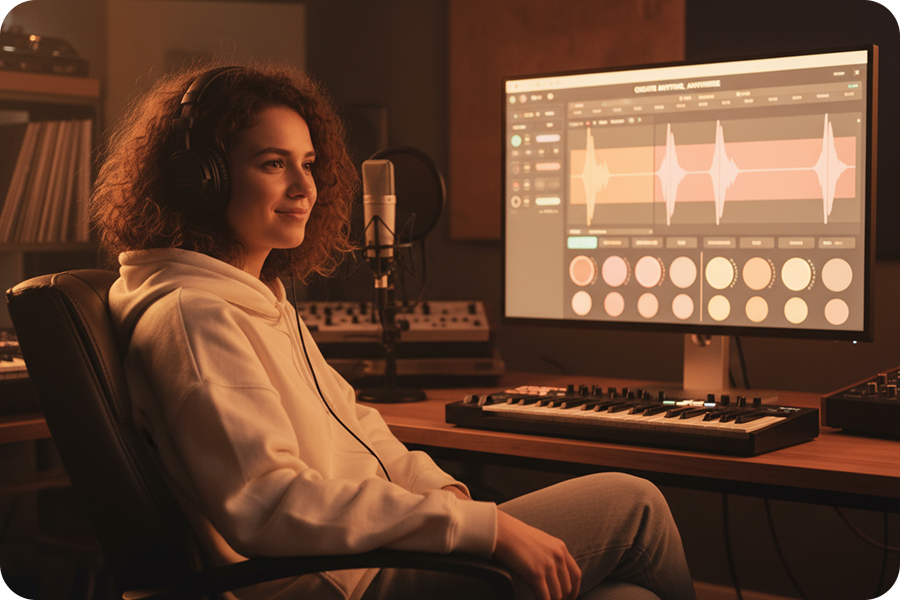 Nhà sáng tạo nội dung nữ đang sử dụng giao diện trình tạo stem AI để xem xét các dạng sóng vocal và nhạc cụ đã tách biệt.