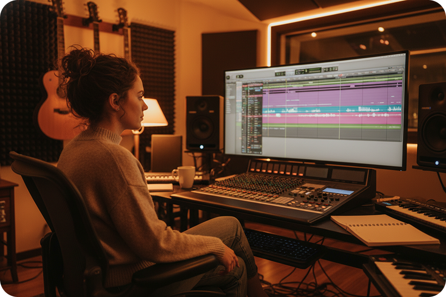 A female music producer is preparing to use diss track generator rap lyrics for music production.