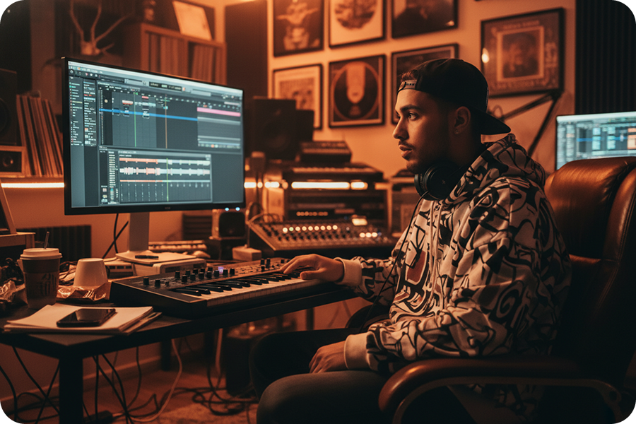 Hip-hop artist in a recording studio using a diss track generator to find the perfect flow and rhyme scheme for his beat.