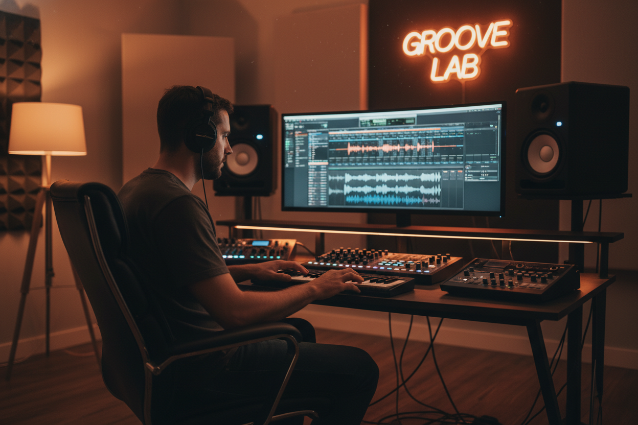 Music producer in a professional studio using an online scale finder to analyze audio waveforms and match keys for beatmaking