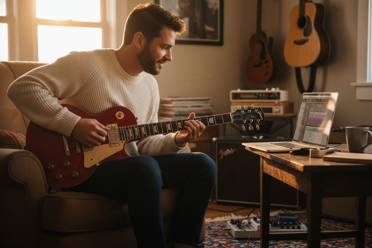Guitarist practicing at home with an electric guitar, using a digital scale finder on a laptop to learn solos and fretboard scales.