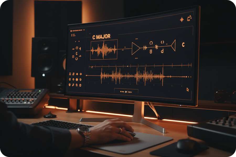 Close-up of a music production software interface displaying a Scale Finder tool precisely identifying C Major key signatures within audio waveforms.