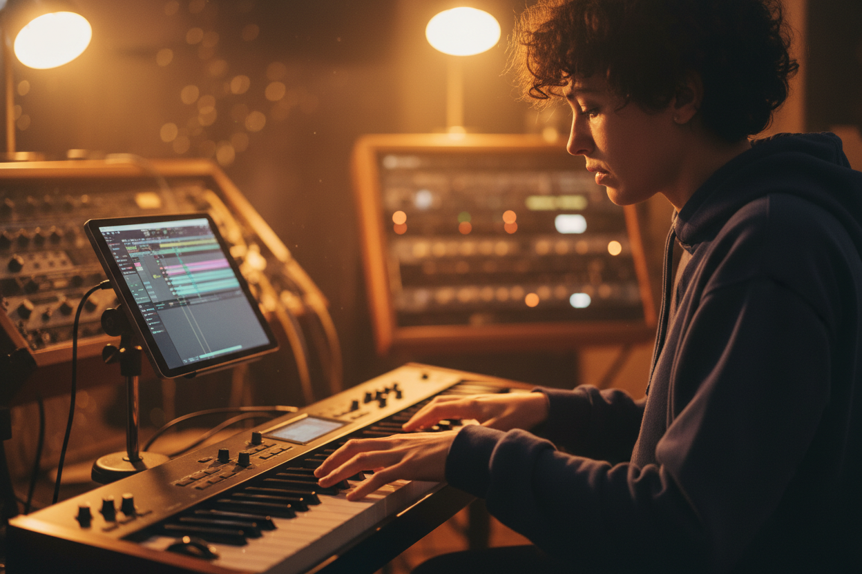 Musician playing a MIDI keyboard synthesizer while checking a music scale finder app on a tablet for chord accuracy.