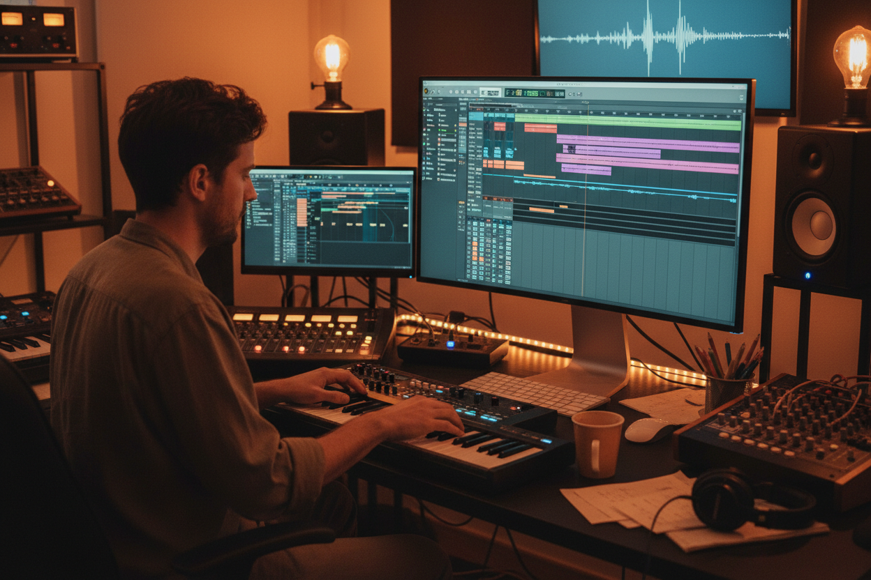 Musikproduzent arbeitet in einem gemütlichen Heimstudio mit einer DAW und Pitch Finder Software, um MIDI Progressionen an die Tonart von Audio Samples anzupassen.