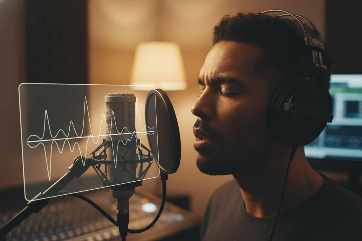 Vokalist nimmt in einem professionellen Studio auf und nutzt Pitch Finder Daten zur Überwachung der Intonation und Tuning Genauigkeit.