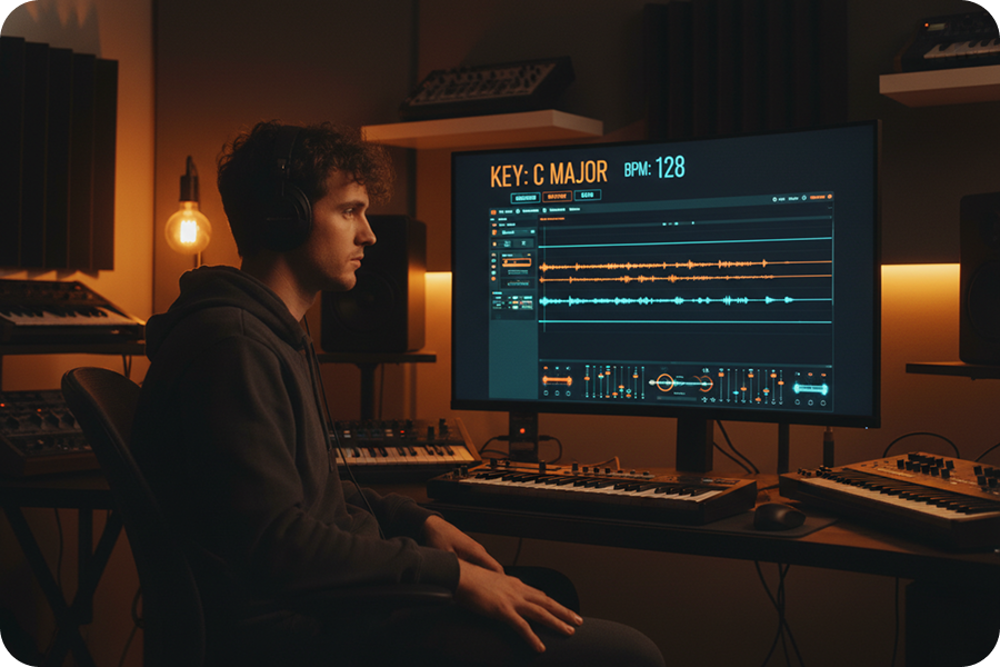 Musikproduzent in einem Heimstudio sieht Ergebnisse für C Dur und 128 BPM auf einem Monitor, generiert durch einen AI Pitch Finder.