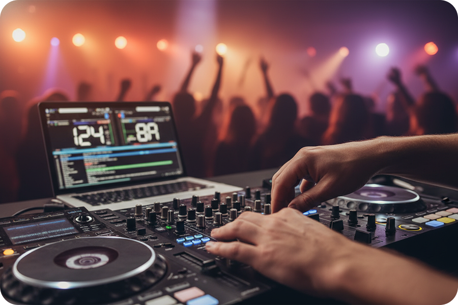 Nahaufnahme von DJ Händen beim Mixen von Tracks auf einem Controller, unter Verwendung von Pitch Finder Daten für harmonisches Mixen im Club.