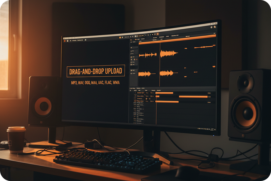 Drag and Drop Upload Interface eines Online Pitch Finders, der MP3, WAV, OGG, M4A, AAC, FLAC und WMA Formate für sofortige Audioanalyse unterstützt.