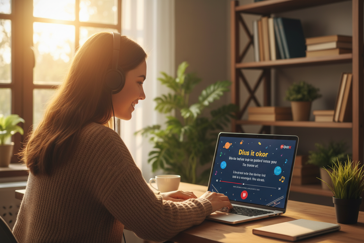 Online language teacher creating engaging lyric videos with clear fonts using an AI music video generator for educational purposes