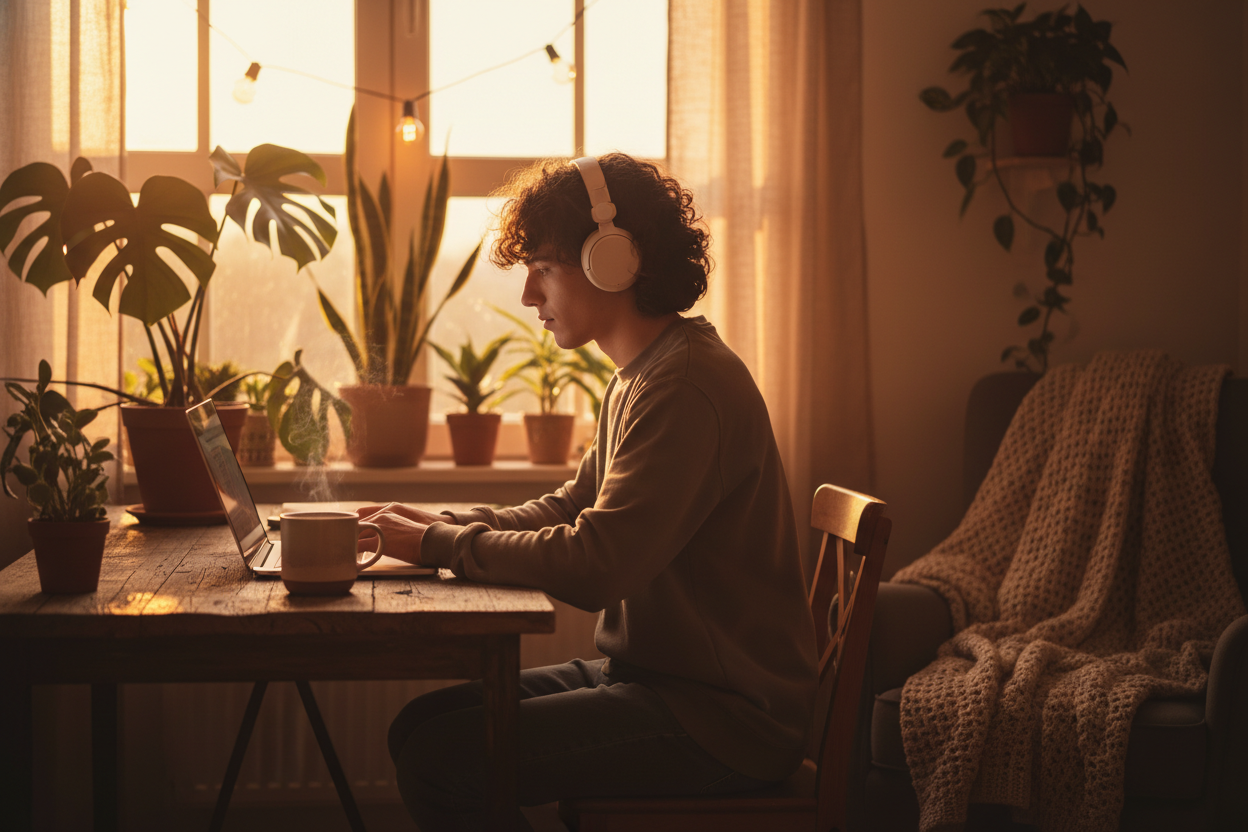 A student using AI music video generator to turn study beats into looping lofi ambience videos in a cozy, warm-lit home studio