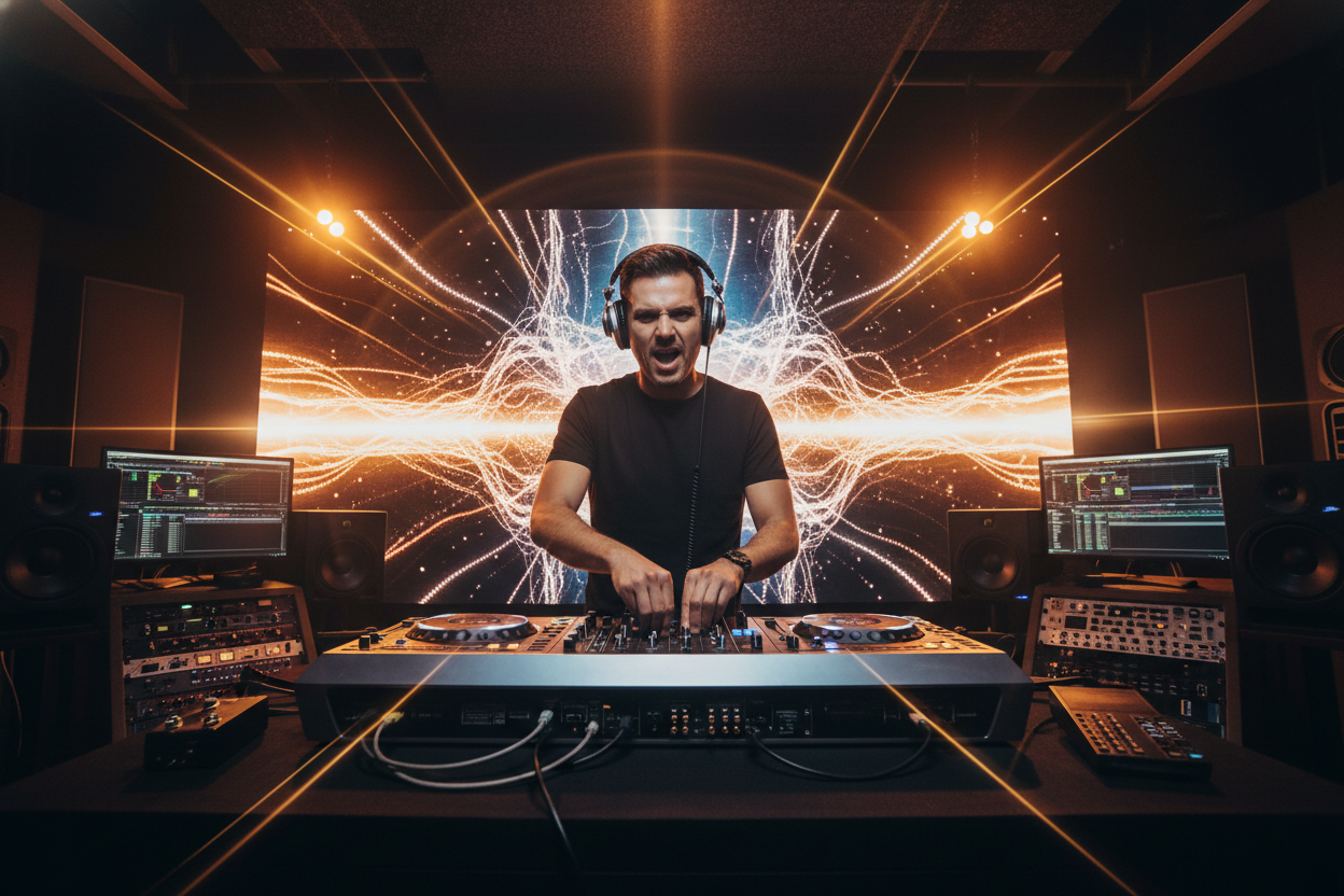 The DJ used an AI music video generator to create background videos for the live music mix.