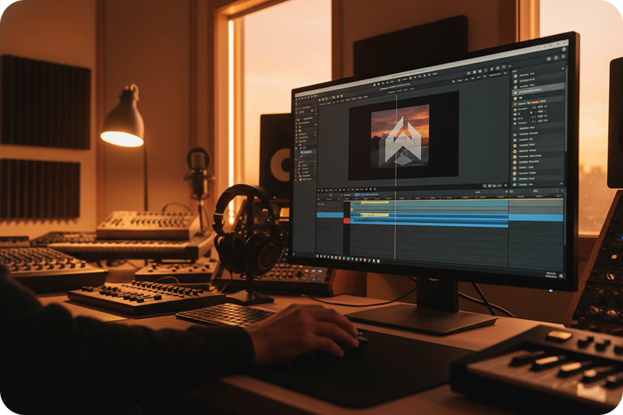 Music producer adding a custom logo watermark to a video timeline using the AI music video generator editing software in a studio.