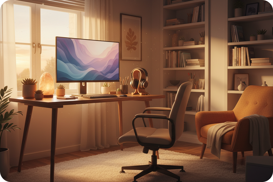 Cozy home studio setup displaying a relaxing lofi background loop created with an AI music video generator for ambience channels.