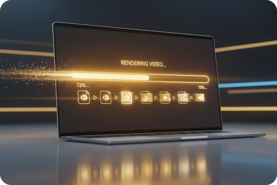 Laptop screen displaying a fast cloud rendering progress bar on an AI music video generator interface, showing audio files converting to video.