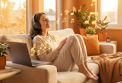 Fan relaxing on a sofa listening to FNF Song Maker tracks.