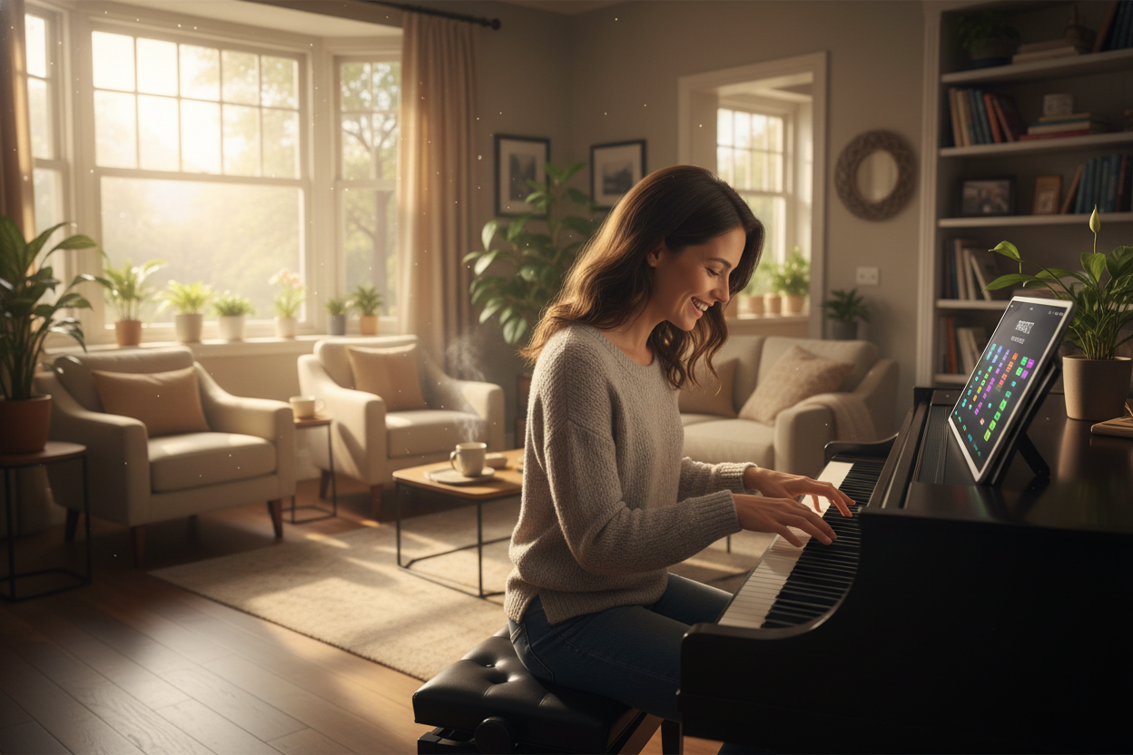 A songwriter finding inspiration for a new song with the Piano Music Maker.