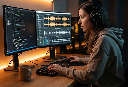 A developer producing a soundtrack for her game using the Piano Music Maker.