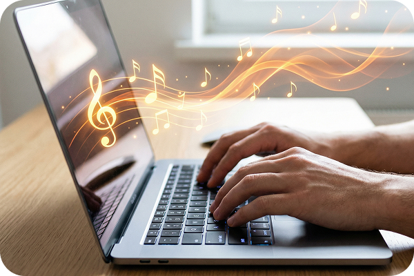 A person typing a prompt into the AI Piano Music Maker to generate music.