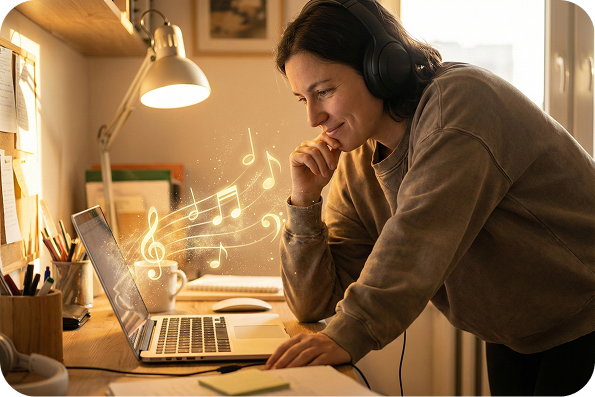 A user customizes a unique rhythm on her laptop with the Piano Beat Maker.