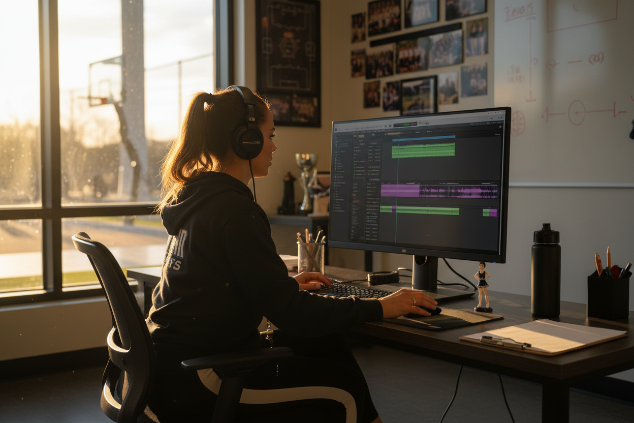 Professional cheerleading coach editing a custom mix on a desktop computer using the cheer music maker software to save time and budget.