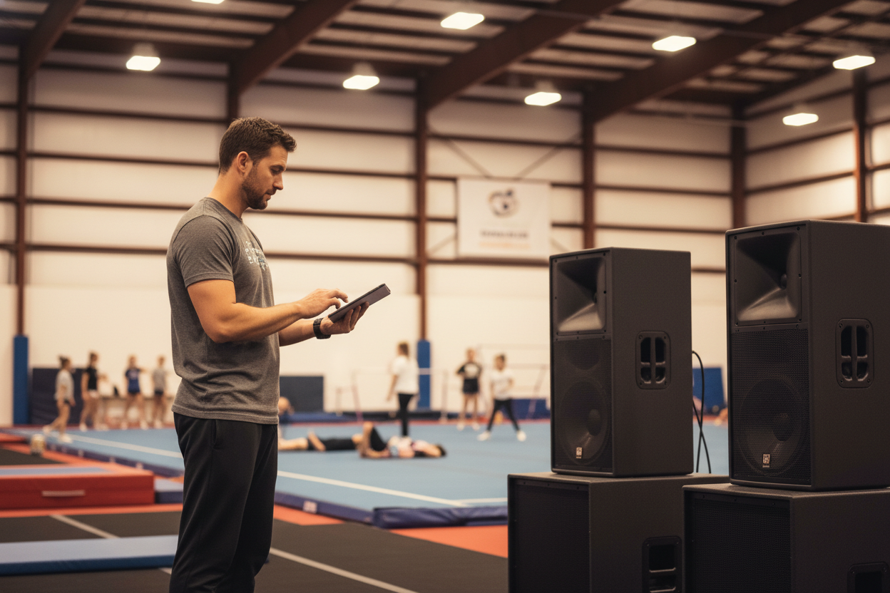Gym owner using a tablet to control the cheer music maker interface and play high-tempo background audio through professional speakers during training.