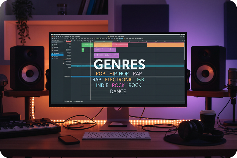 Cheer Music Maker dashboard highlighting various music genres like Pop, Hip-Hop, and Electronic for creating custom cheerleading mixes.