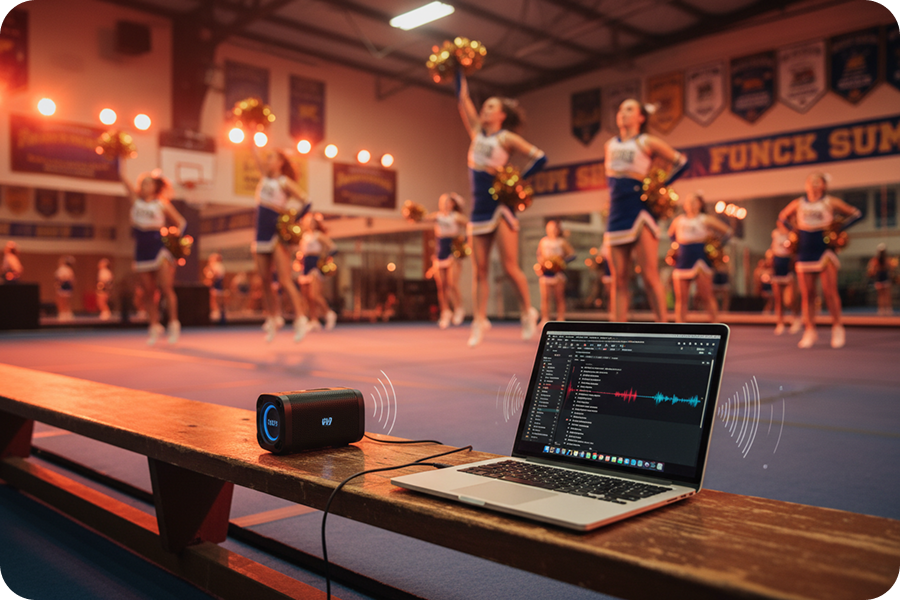 Laptop running Cheer Music Maker connected to a portable speaker on a gym bench for instant track creation during cheerleading practice.