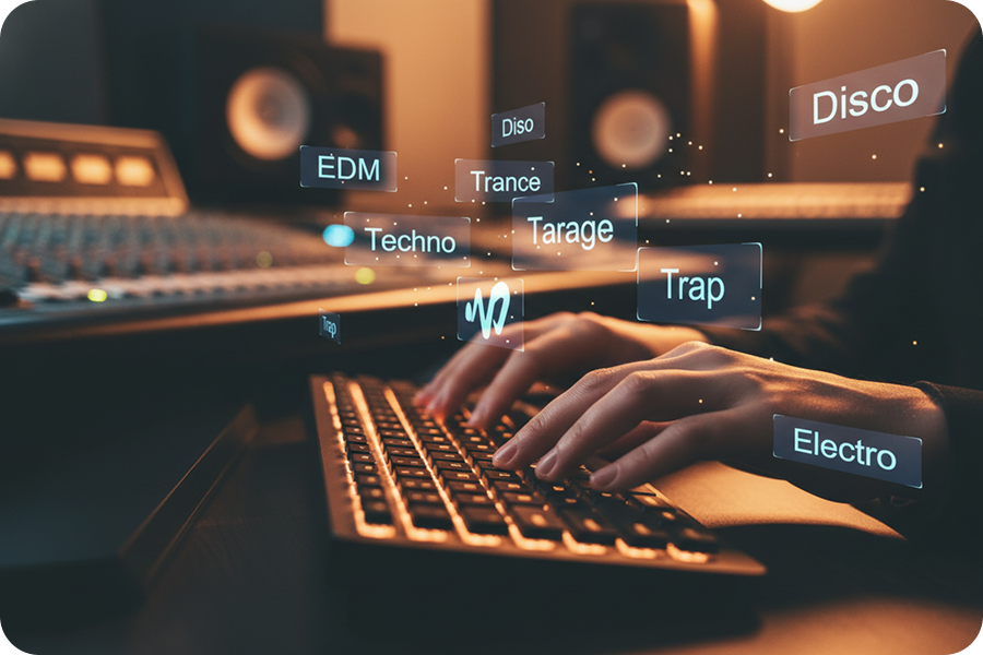 Selecting EDM and Techno genres on a futuristic DJ Beat Maker keyboard in a professional studio setting.