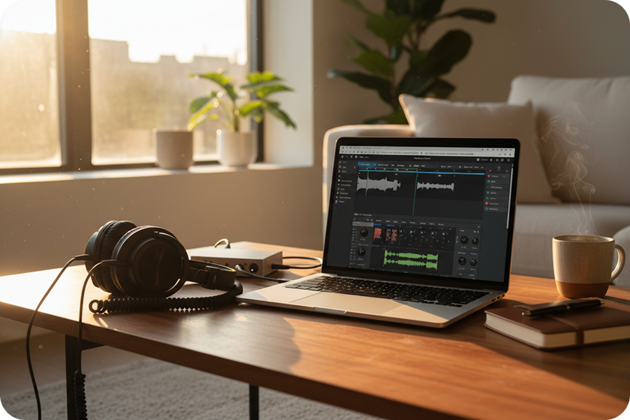 Online DJ Beat Maker platform open in a web browser on a laptop with headphones in a home office.