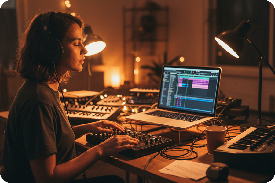 Professional music producer using a DJ Beat Maker and MIDI controller to create unique tracks in a warm studio atmosphere.