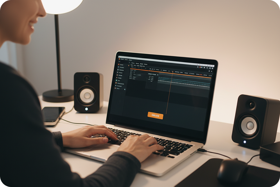 User-friendly DJ Beat Maker interface on a laptop with studio speakers for easy music production.