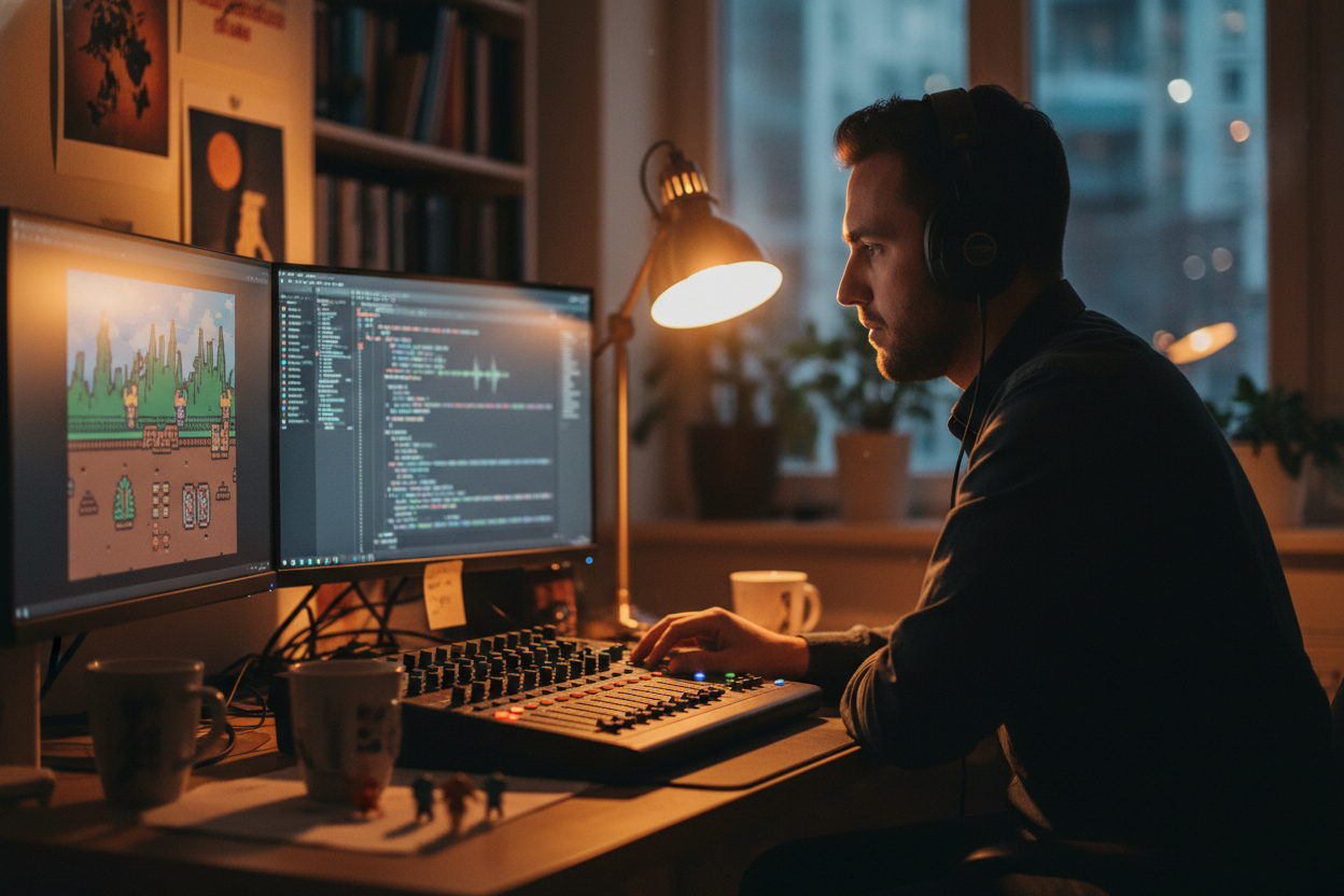 Indie game developer using DJ Beat Maker software on a curved ultrawide monitor in a home studio.