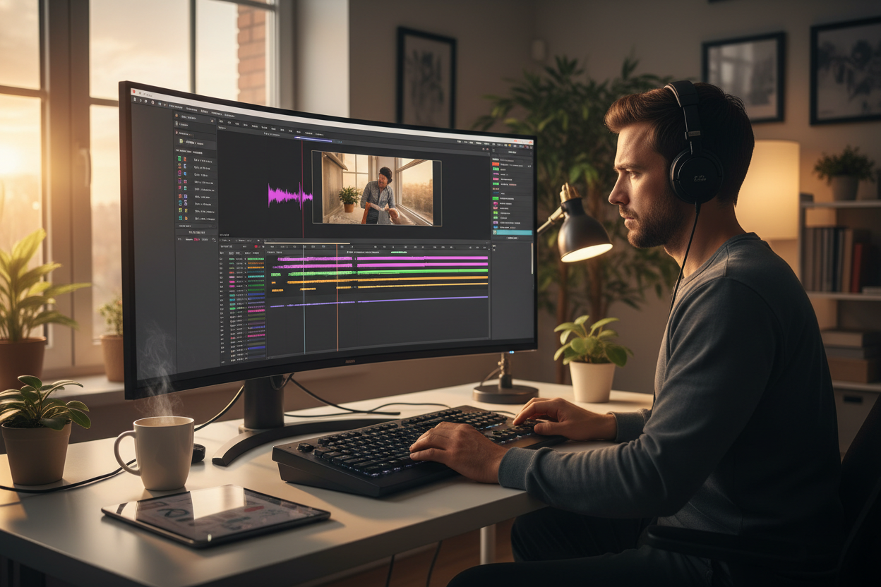 A video editor using audio generated by DJ beat maker to edit videos.