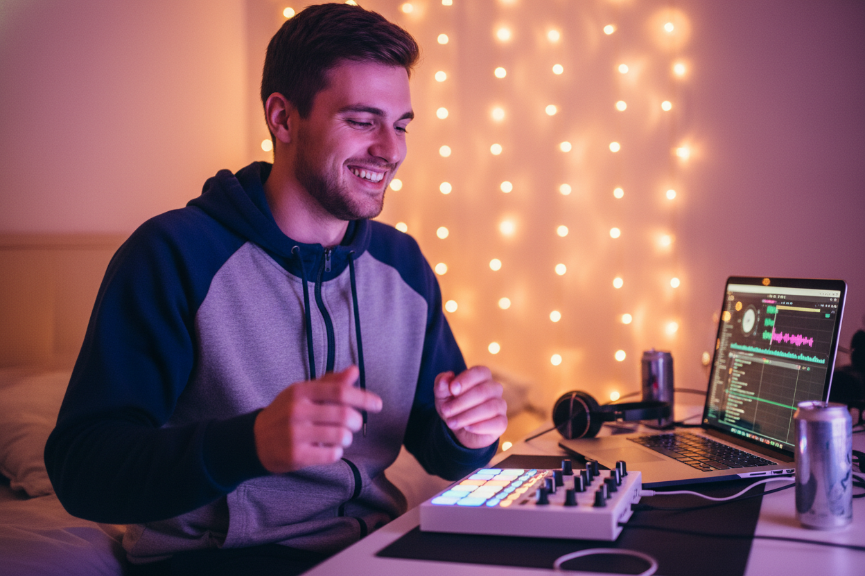 A smiling young creator making music with a MIDI pad controller and DJ Beat Maker online.