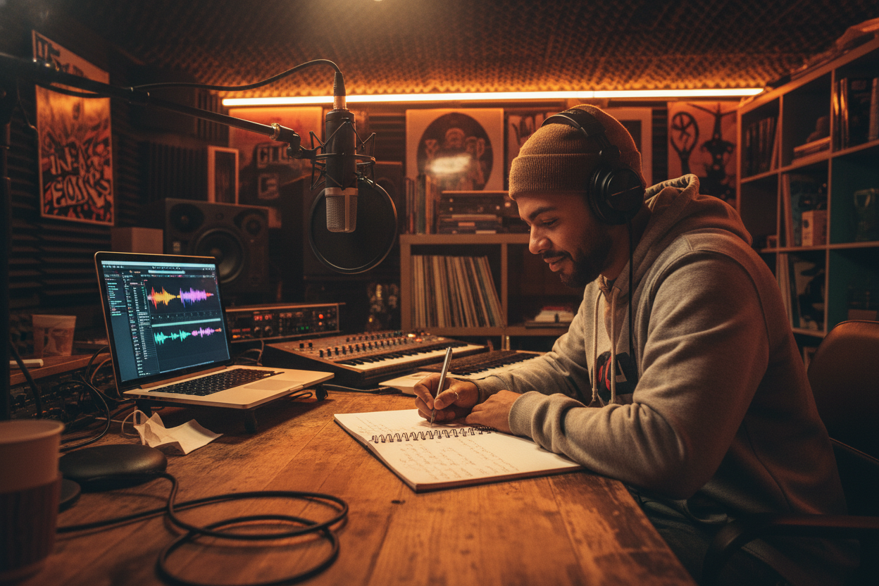 A Hip-Hop Artist arranging beats and recording vocals in a studio using the DJ Beat Maker production platform.