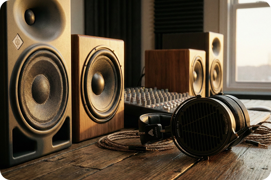 Studio speakers playing instrumentals from K-pop Music Generator.
