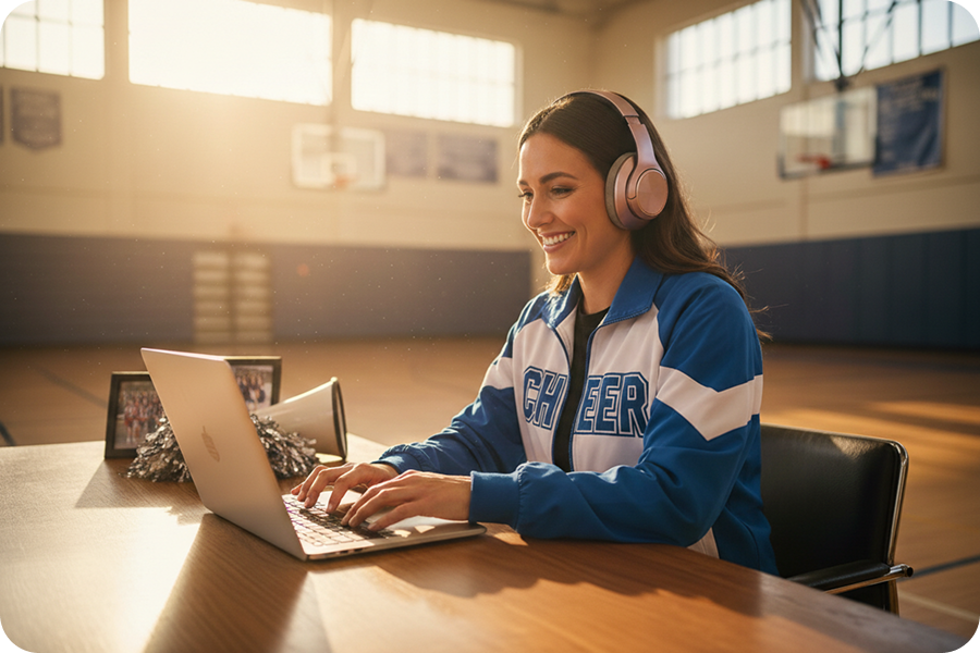 Treinadora de cheerleading sorrindo usando o Cheer Music Maker em um laptop em um ginásio para gerar facilmente uma mixagem personalizada sem habilidades de edição.