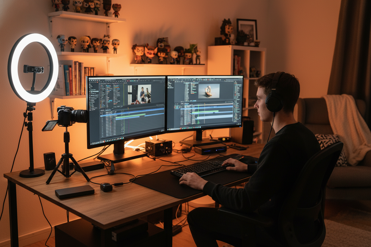Content creator editing video at a desk with a ring light and dual monitors, selecting background tracks using a pop music generator.