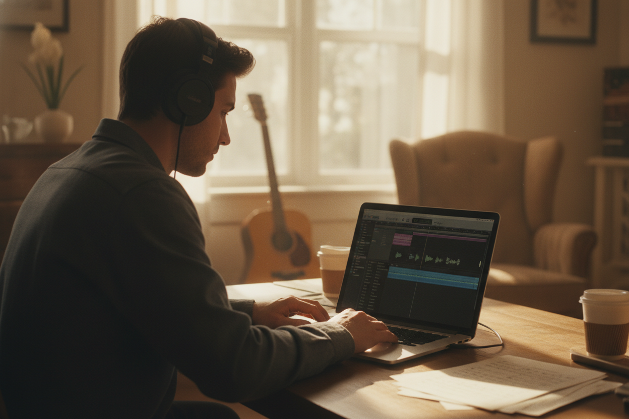 Songwriter with headphones composing a new demo on a laptop, utilizing the pop music generator for instant melody inspiration.