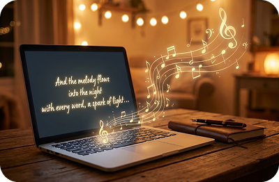 Laptop displaying AI lyrics written by R&B Music Generator.