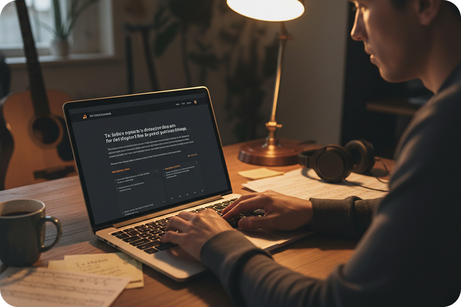 Close-up of a user typing text prompts into a laptop interface to instantly compose songs using an AI pop music generator.