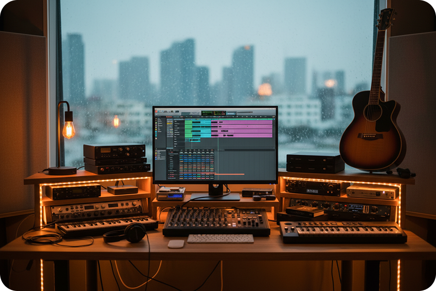 A beautiful home recording table with a guitar and city views, and a pop music generator interface displayed on the computer screen.