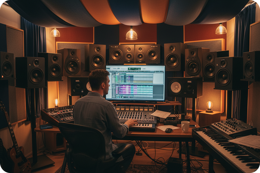 Professional music producer arranging a track in a recording studio using a pop music generator on dual monitors.
