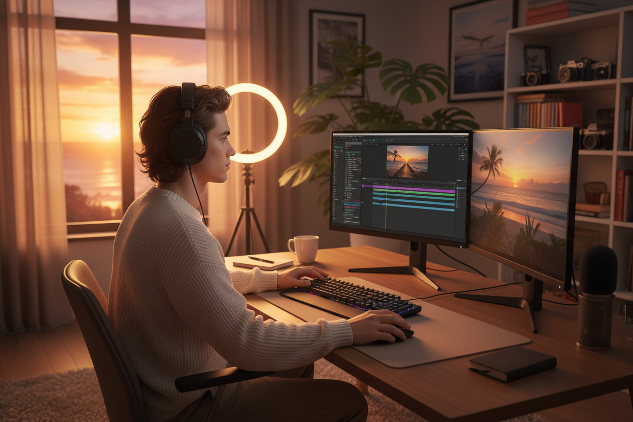 Content creator editing a vlog timeline on dual monitors, adding royalty-free background audio using a chillwave music generator.