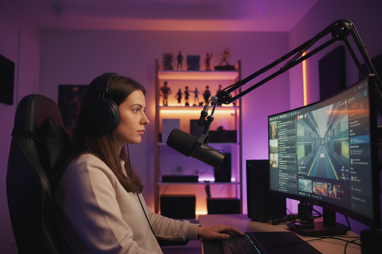 Live streamer broadcasting with a microphone and headset, enhancing viewer engagement with ambient tracks from a chillwave music generator.