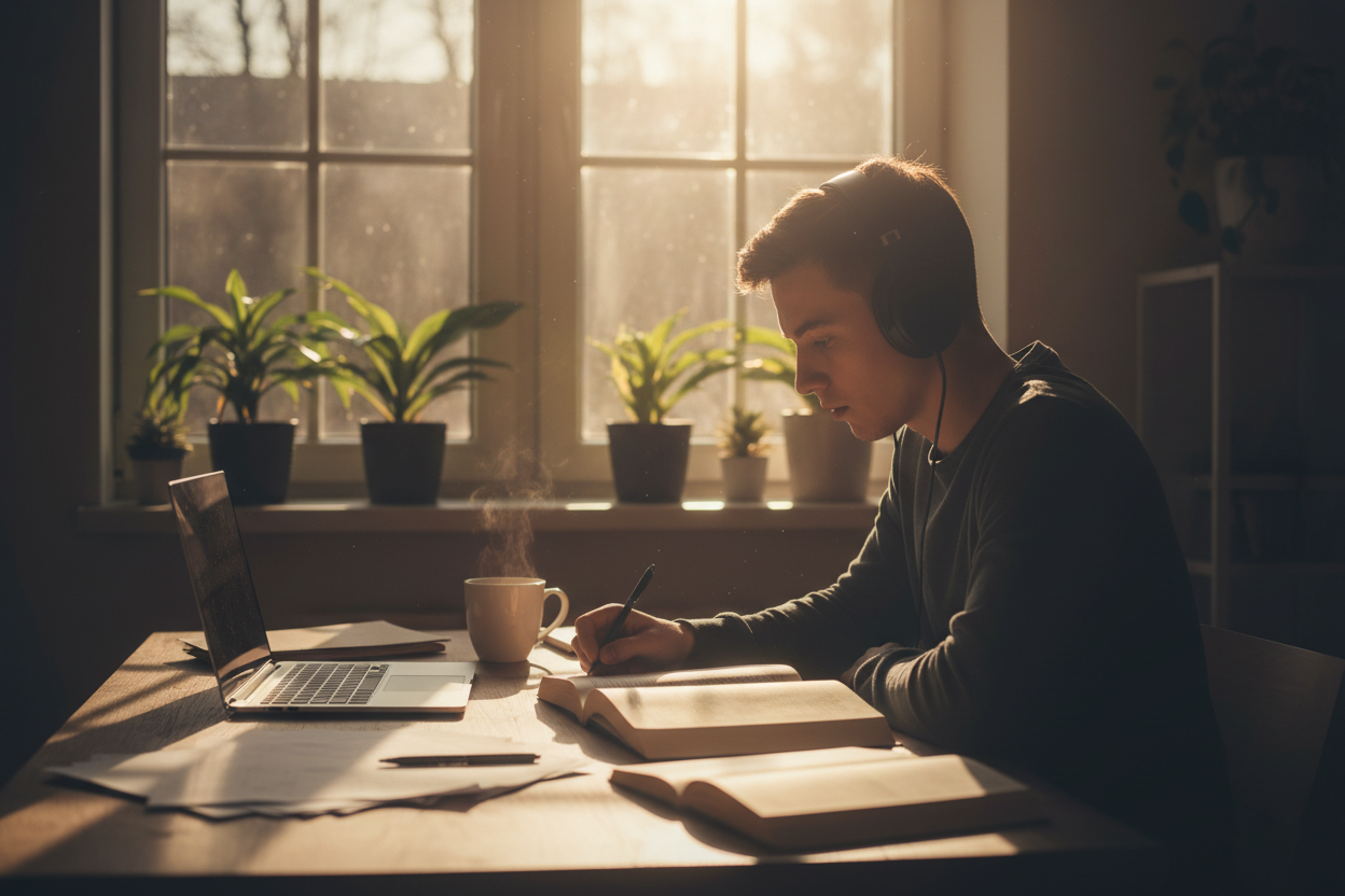 Student wearing headphones studying at a sunlit desk, staying focused with a lo-fi beat created by a chillwave music generator.