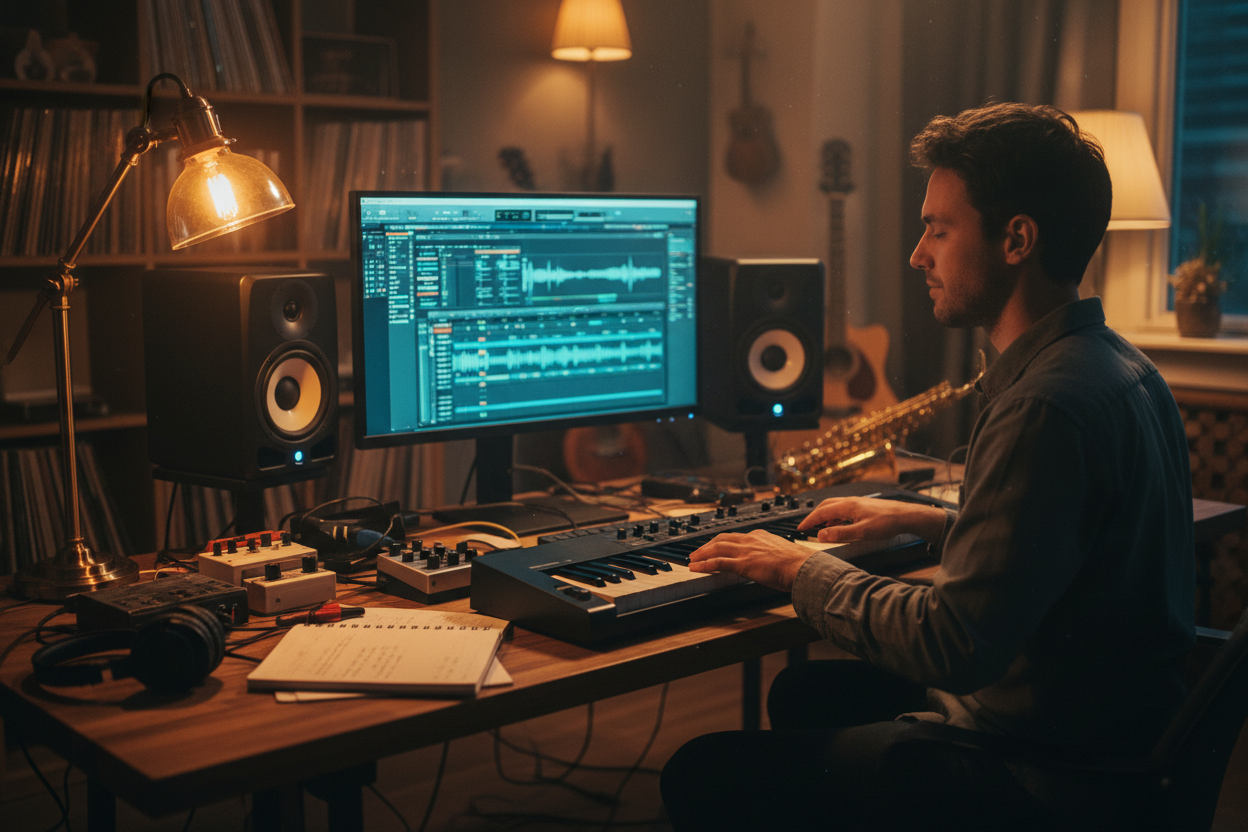 Musician playing a MIDI keyboard in a warm home studio, composing new melodies with the help of an AI chillwave music generator.