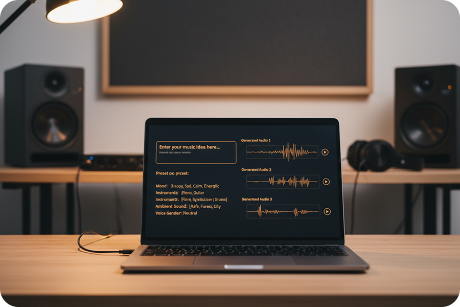 A creator using Chillwave Music Generator on a laptop to transform a text prompt into an ambient piano melody with integrated rain sounds.